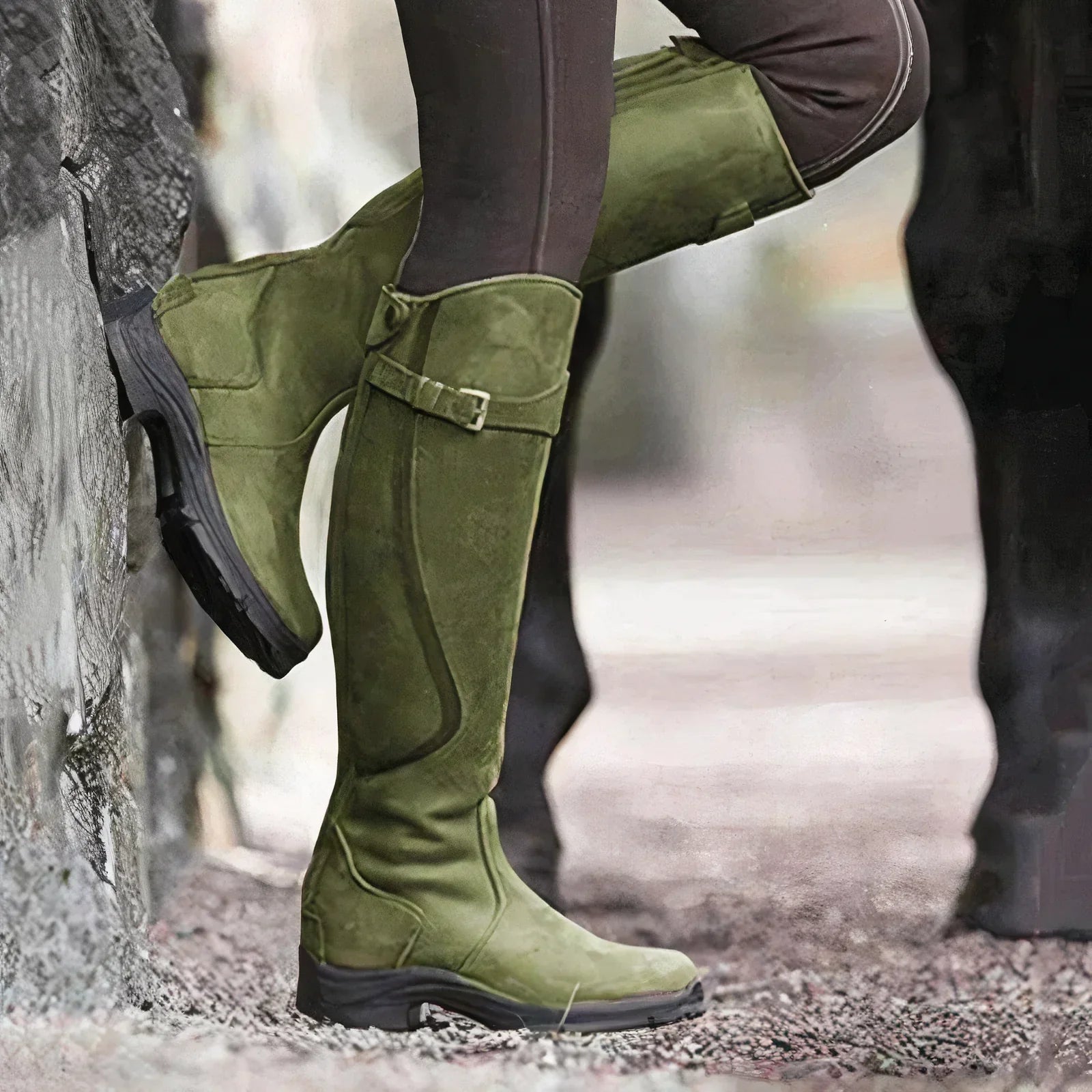 Waterproof Fashionable Boots with Buckles below the Knee